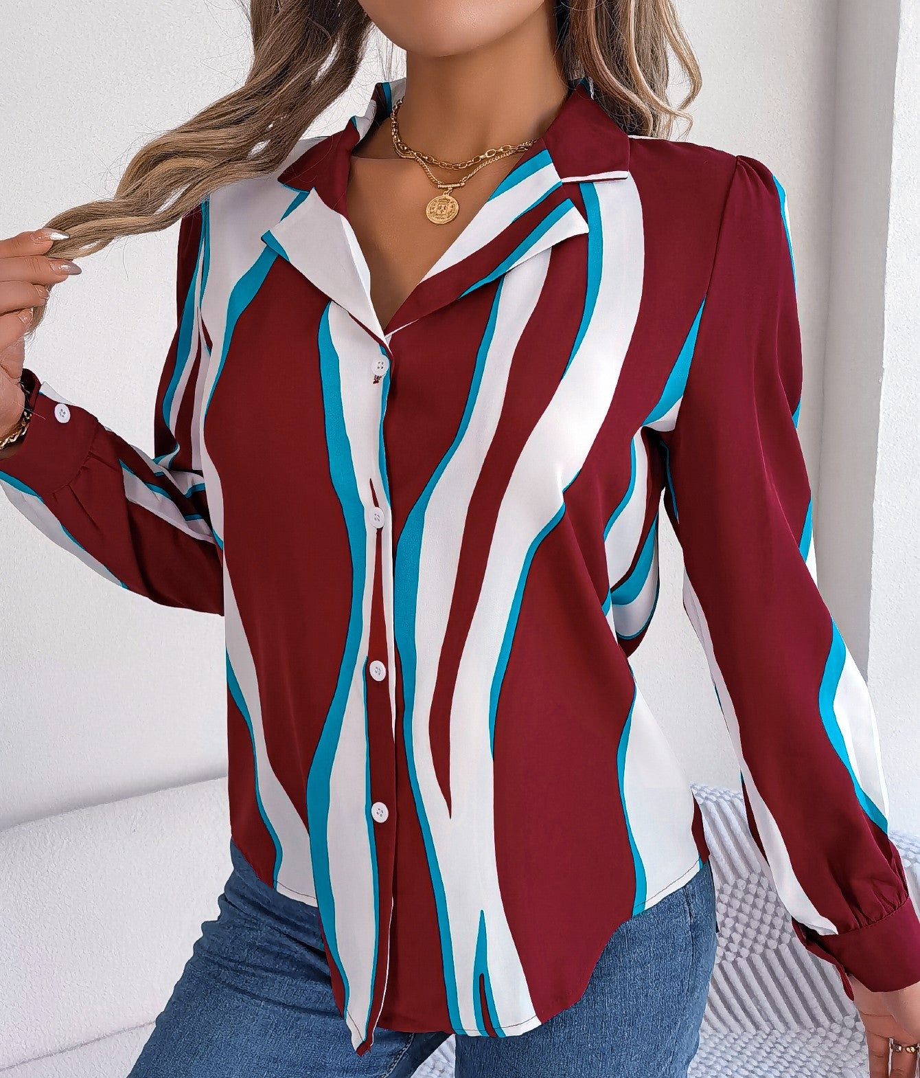 ✨ Chemise Femme Décontractée – Rayures Color Block & Col Cranté ✨