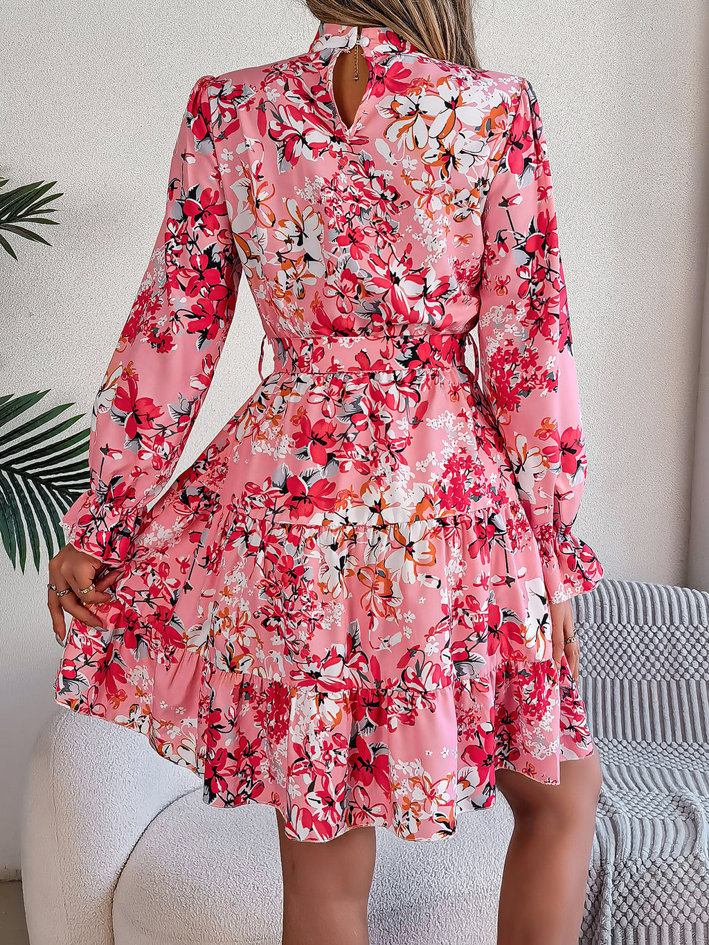 ✨ Robe Femme Élégante – Col Montant, Imprimé Floral & Taille Ceinturée ✨