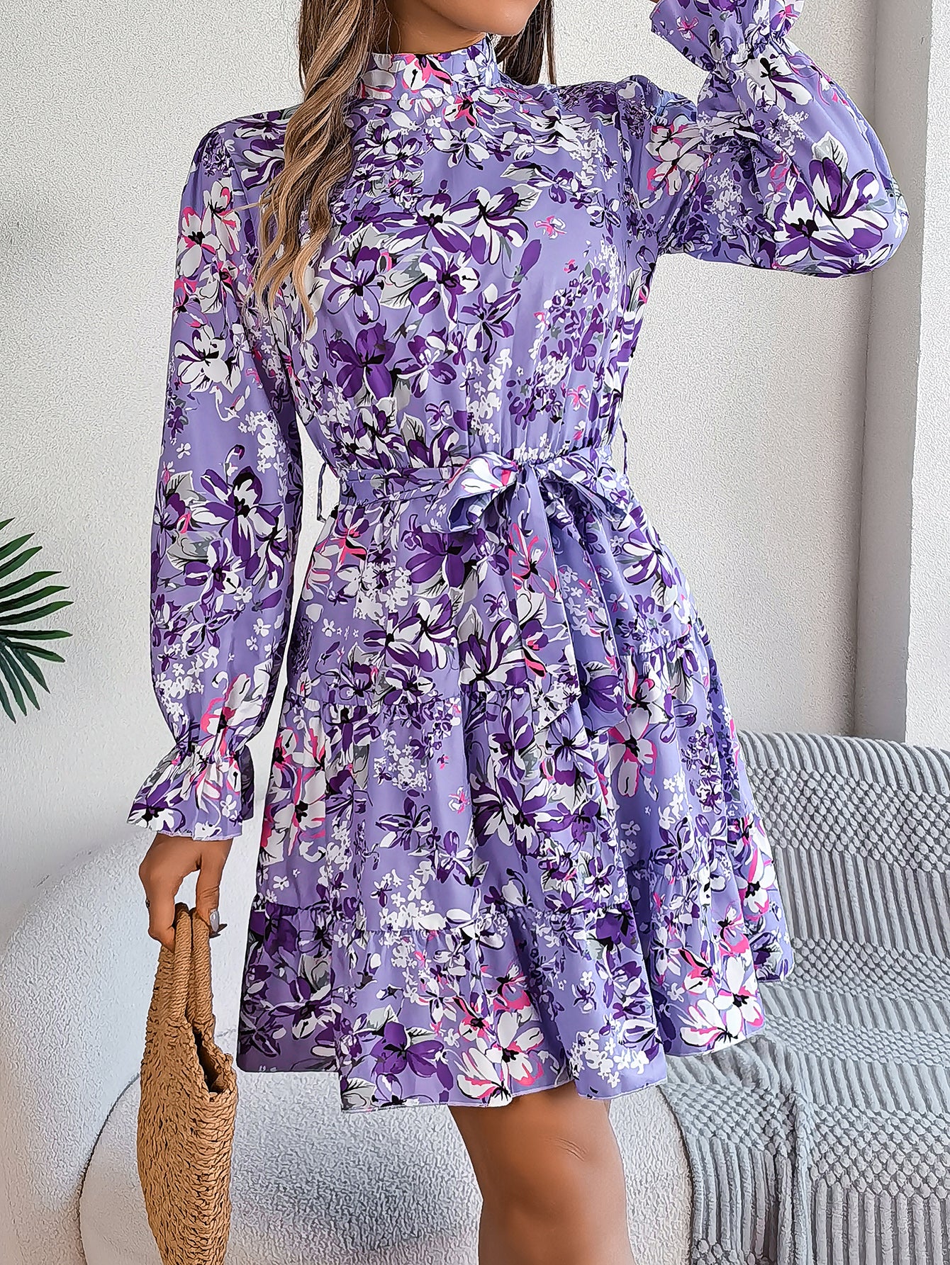 ✨ Robe Femme Élégante – Col Montant, Imprimé Floral & Taille Ceinturée ✨