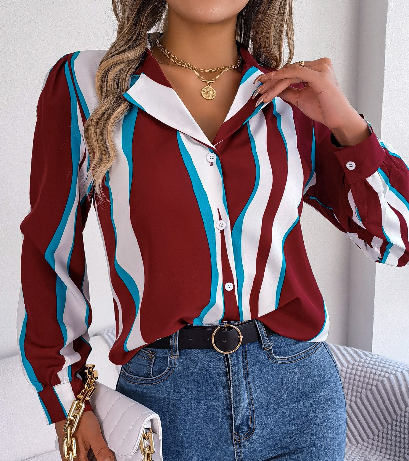 ✨ Chemise Femme Décontractée – Rayures Color Block & Col Cranté ✨