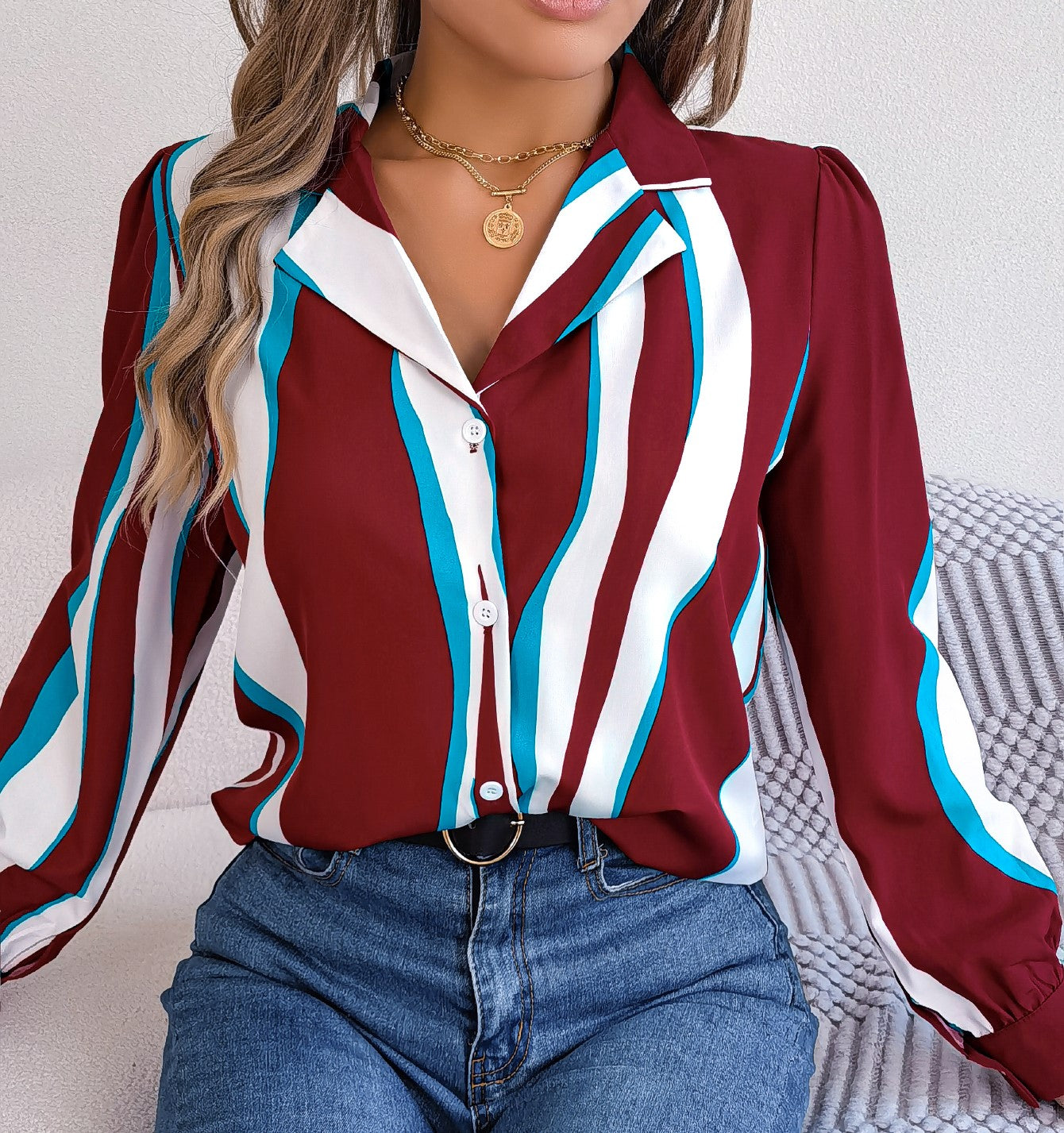 ✨ Chemise Femme Décontractée – Rayures Color Block & Col Cranté ✨