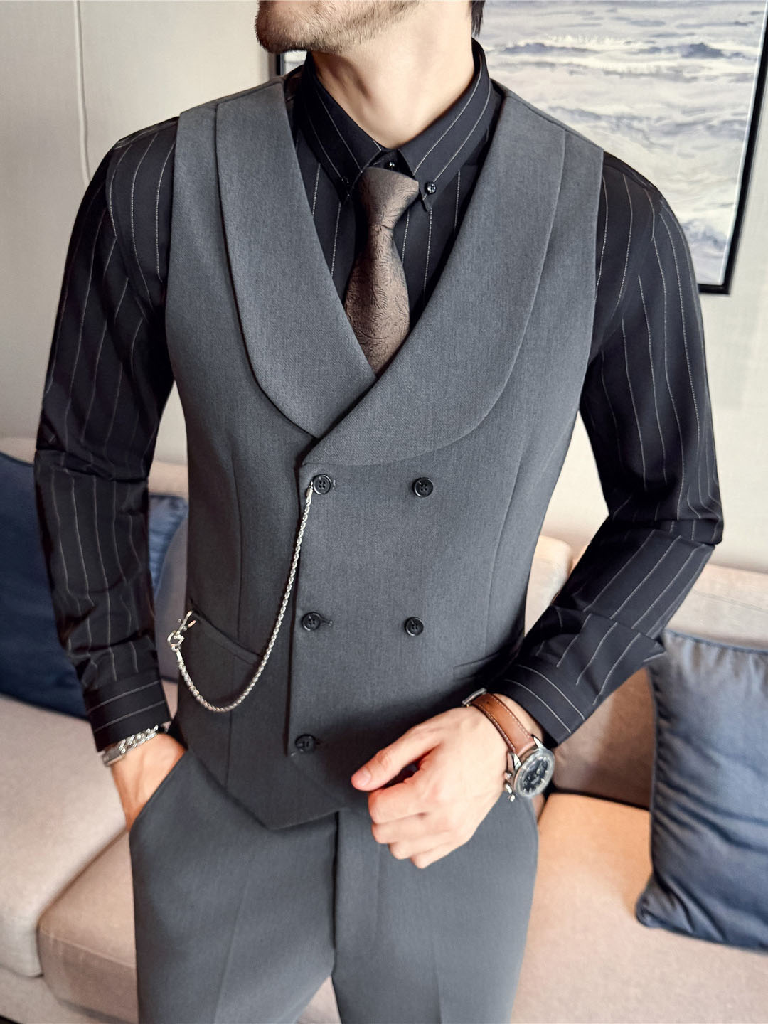 Gilet Homme à Col Châle – Double Boutonnage Élégant