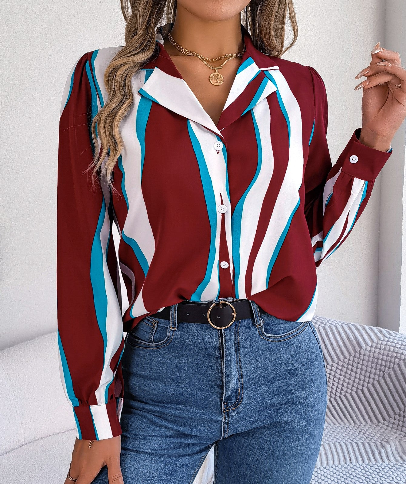 ✨ Chemise Femme Décontractée – Rayures Color Block & Col Cranté ✨