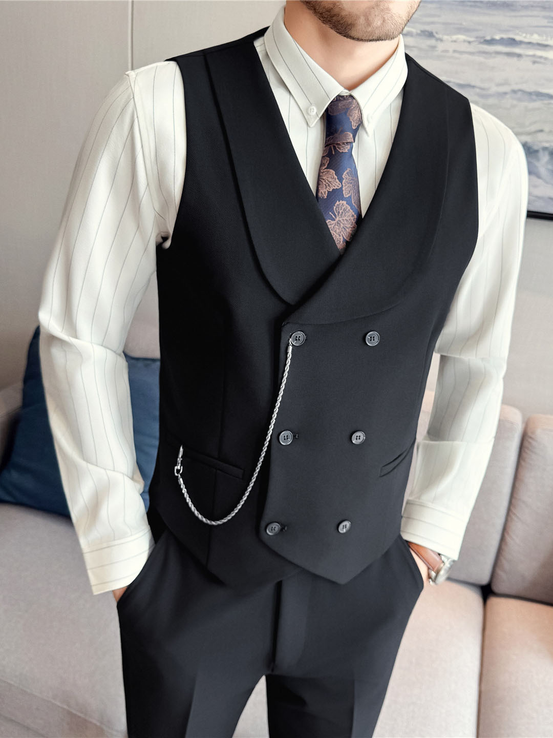 Gilet Homme à Col Châle – Double Boutonnage Élégant