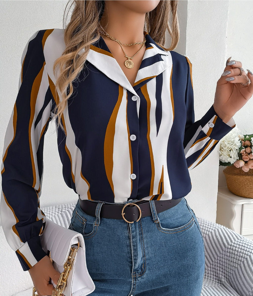 ✨ Chemise Femme Décontractée – Rayures Color Block & Col Cranté ✨